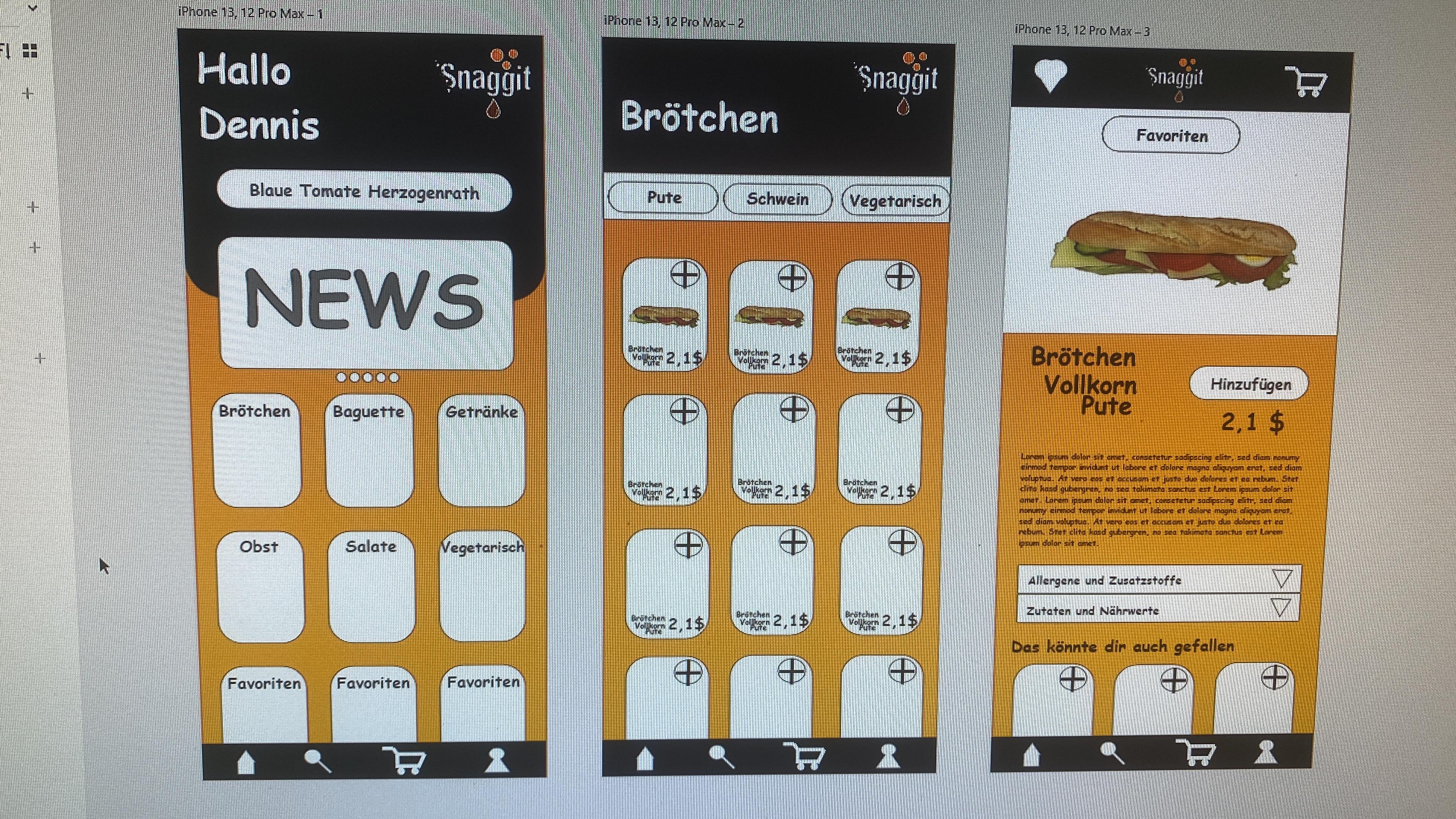 Erster eigener UI-Entwurf: drei orangefarbene App-Ansichten auf einem Bildschirm.