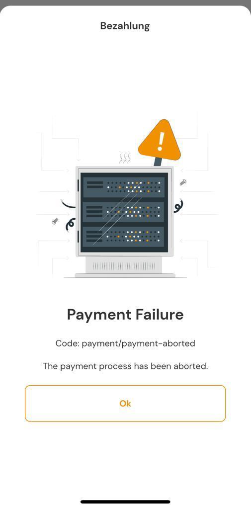 Historischer App-Screenshot mit der Fehlermeldung Payment Failure.
