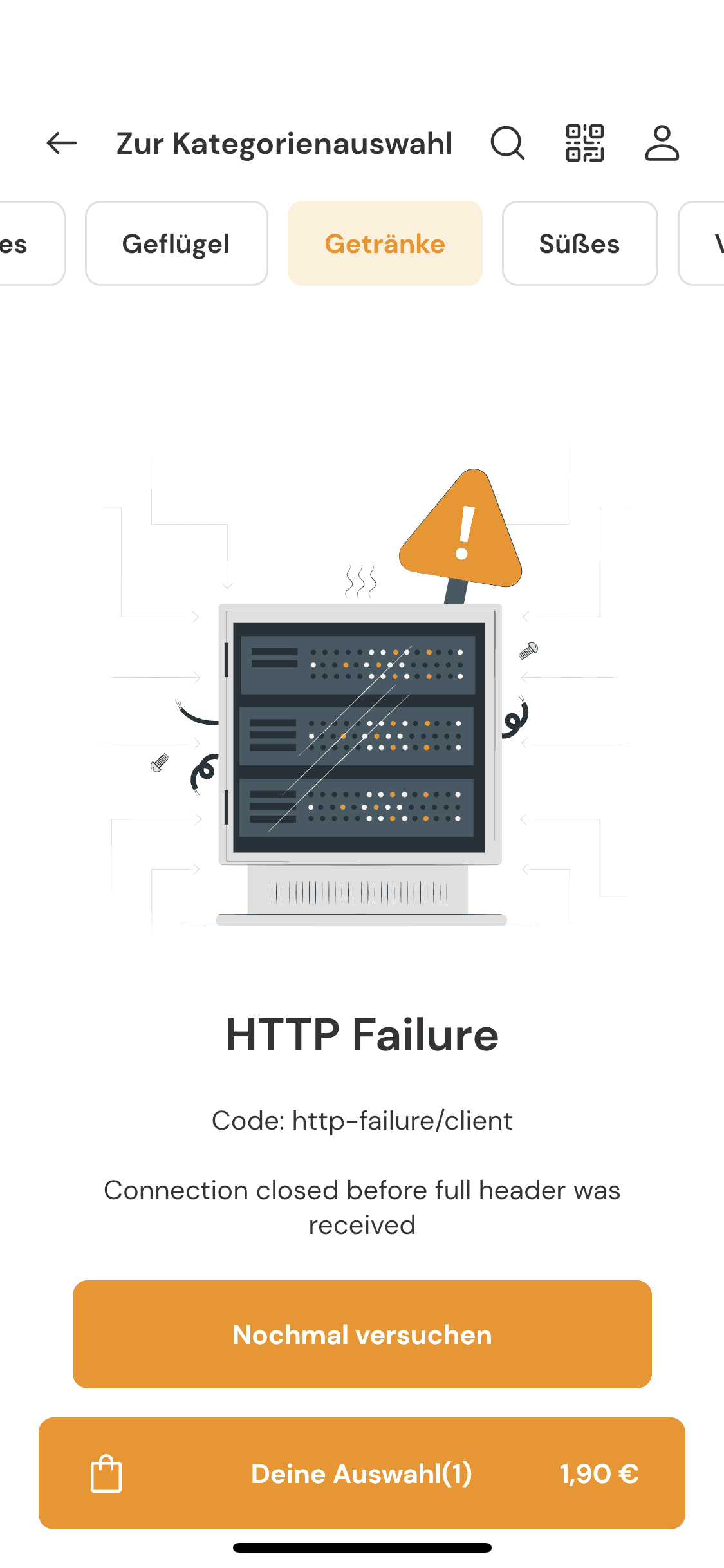 Historischer App-Screenshot mit der Fehlermeldung HTTP Failure.
