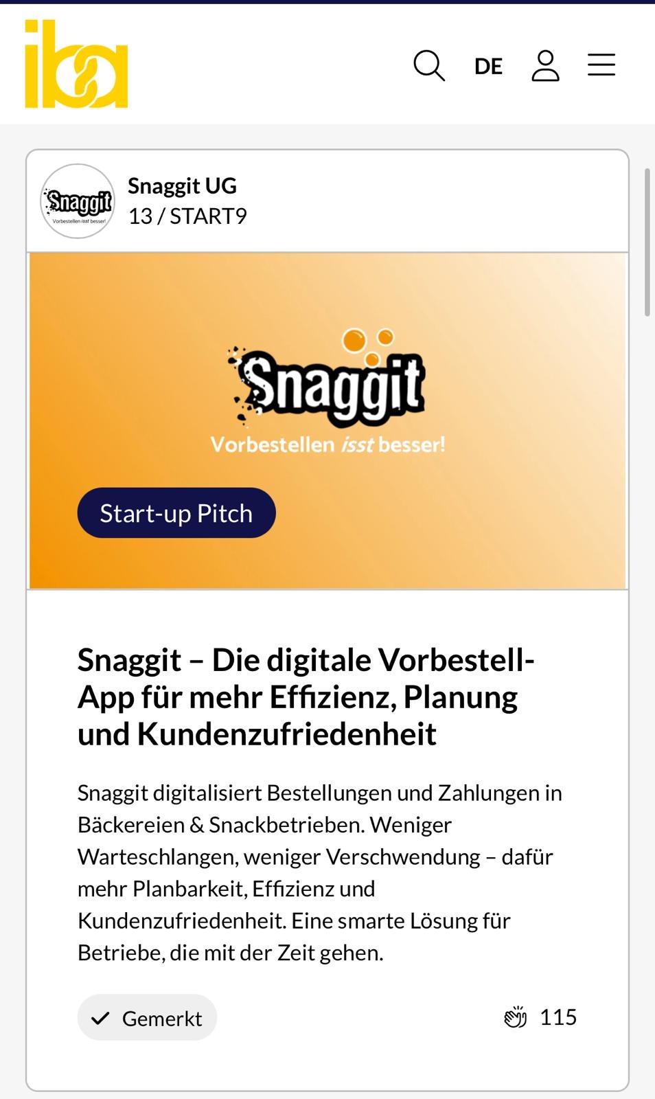 IBA-Ankündigung von Snaggit mit Hinweis auf den Start-up-Pitch.