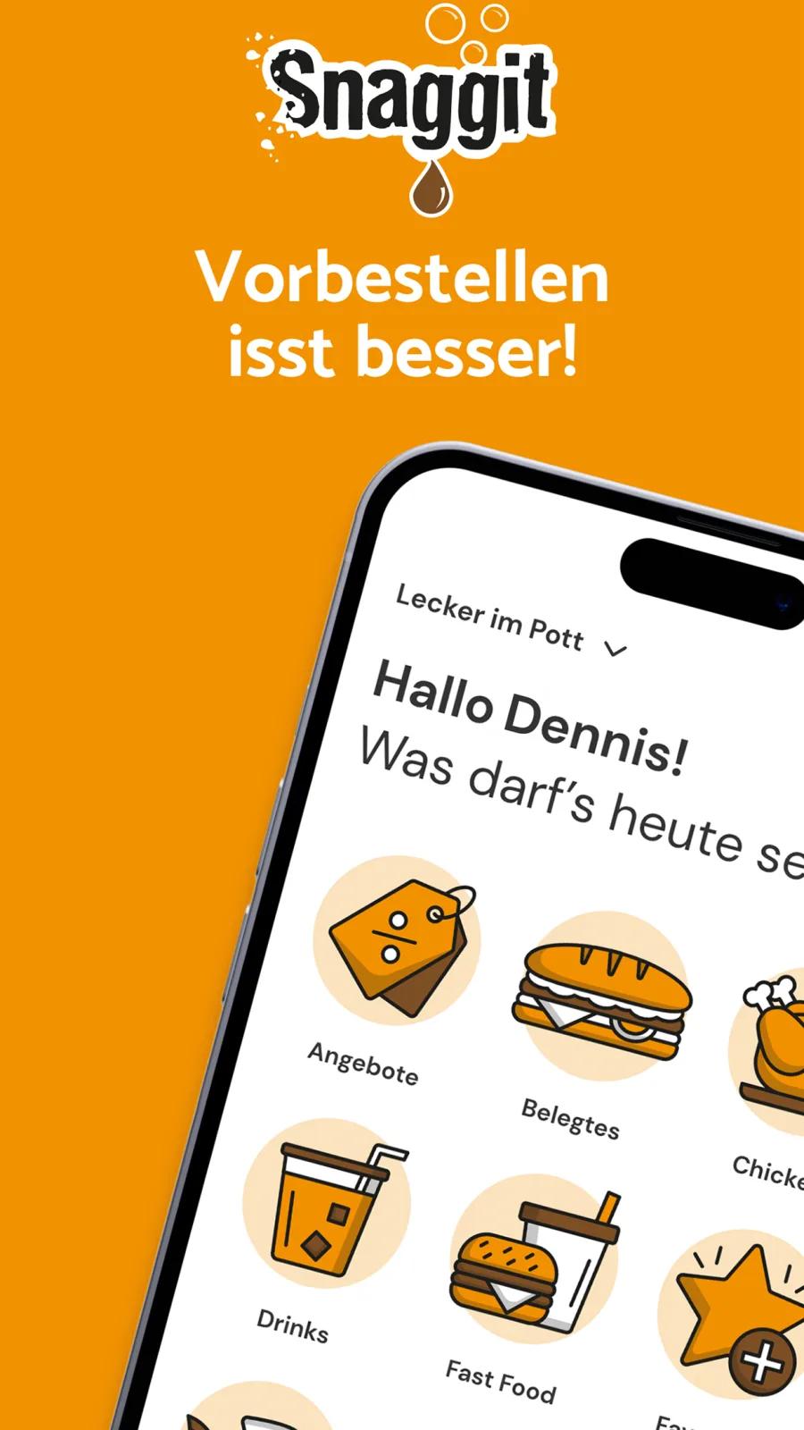 Vista de App Store de la app de clientes de Snaggit con pantalla de inicio naranja y categorías de comida