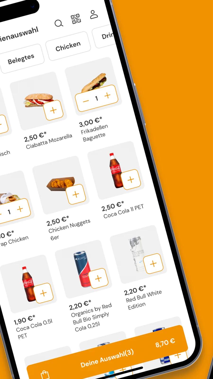 Vista de App Store de la selección de productos, bebidas y cesta