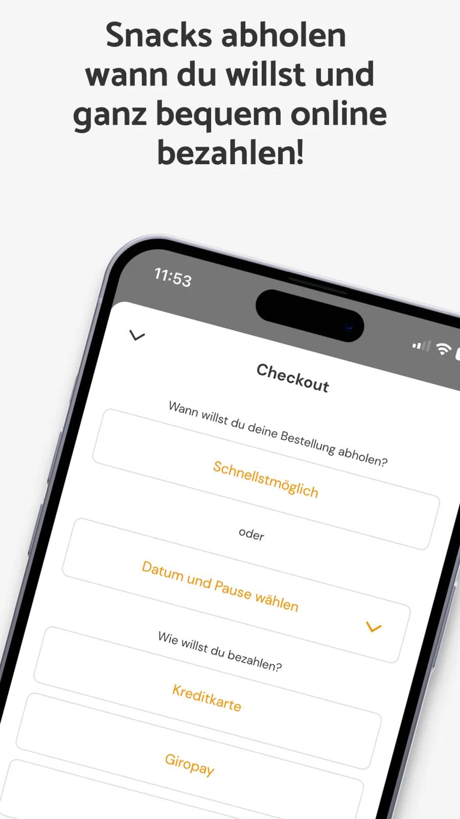 Vista de App Store del proceso de pago con hora de recogida y pagos online opcionales