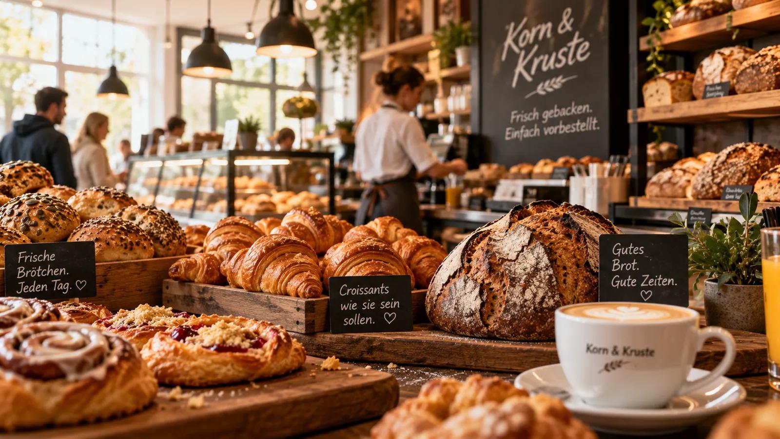 Helle moderne Bäckerei mit Brot, Brötchen, Croissants und Kaffee