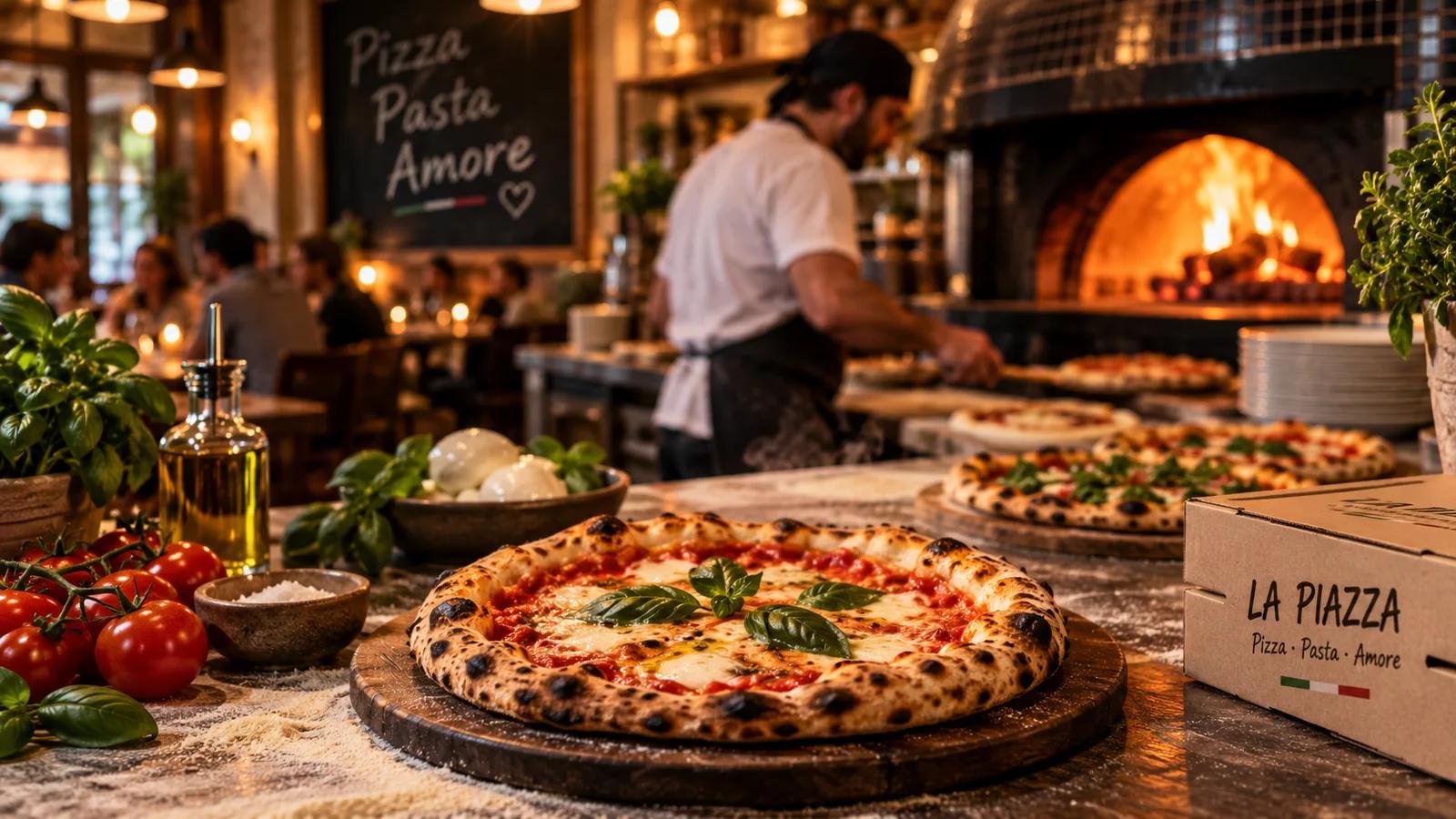 Pizza in einer modernen Pizzeria mit Holzofen