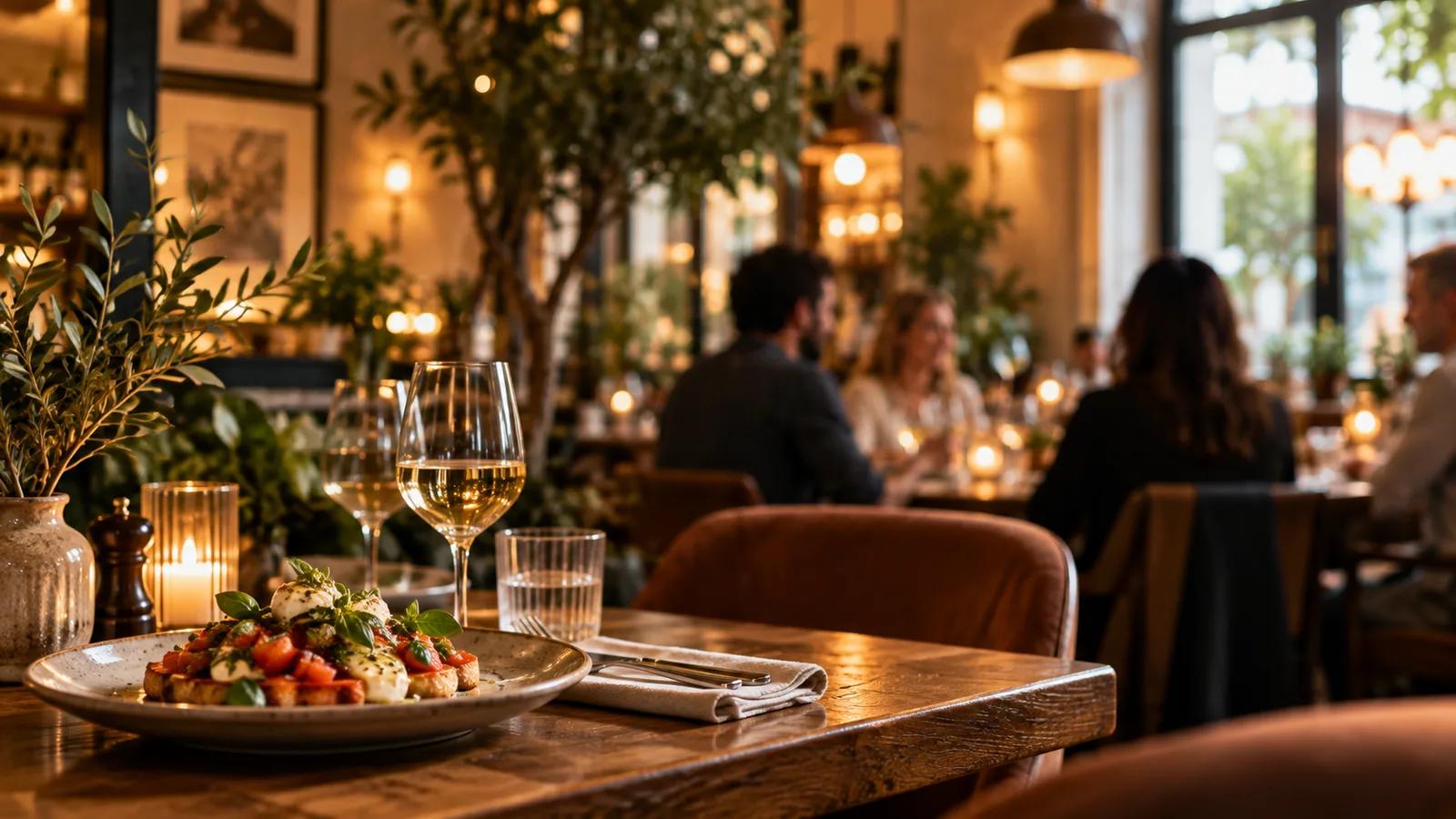 Modernes italienisches Restaurant mit gedecktem Tisch und Gästen