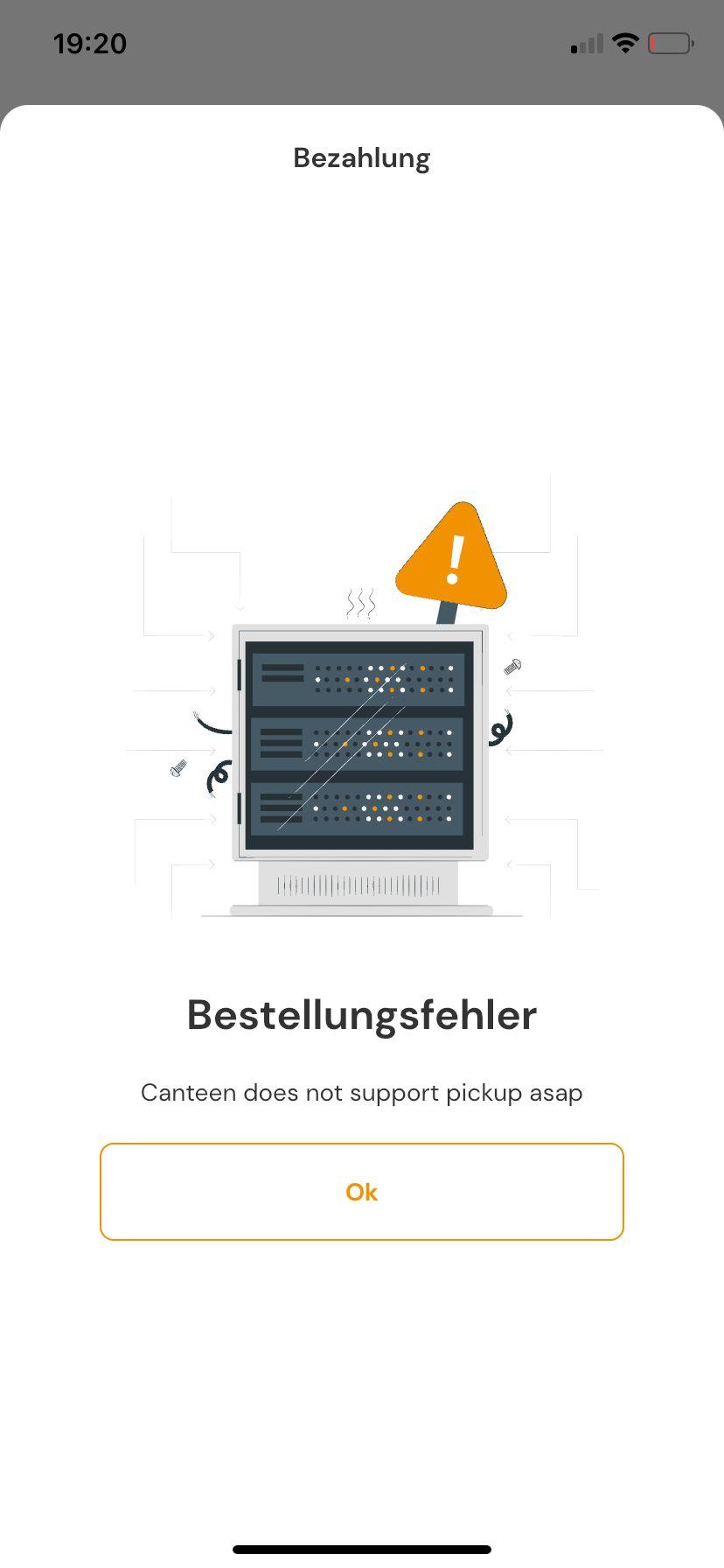 Historischer App-Screenshot: Bestellungsfehler statt erfolgreicher Bezahlung.