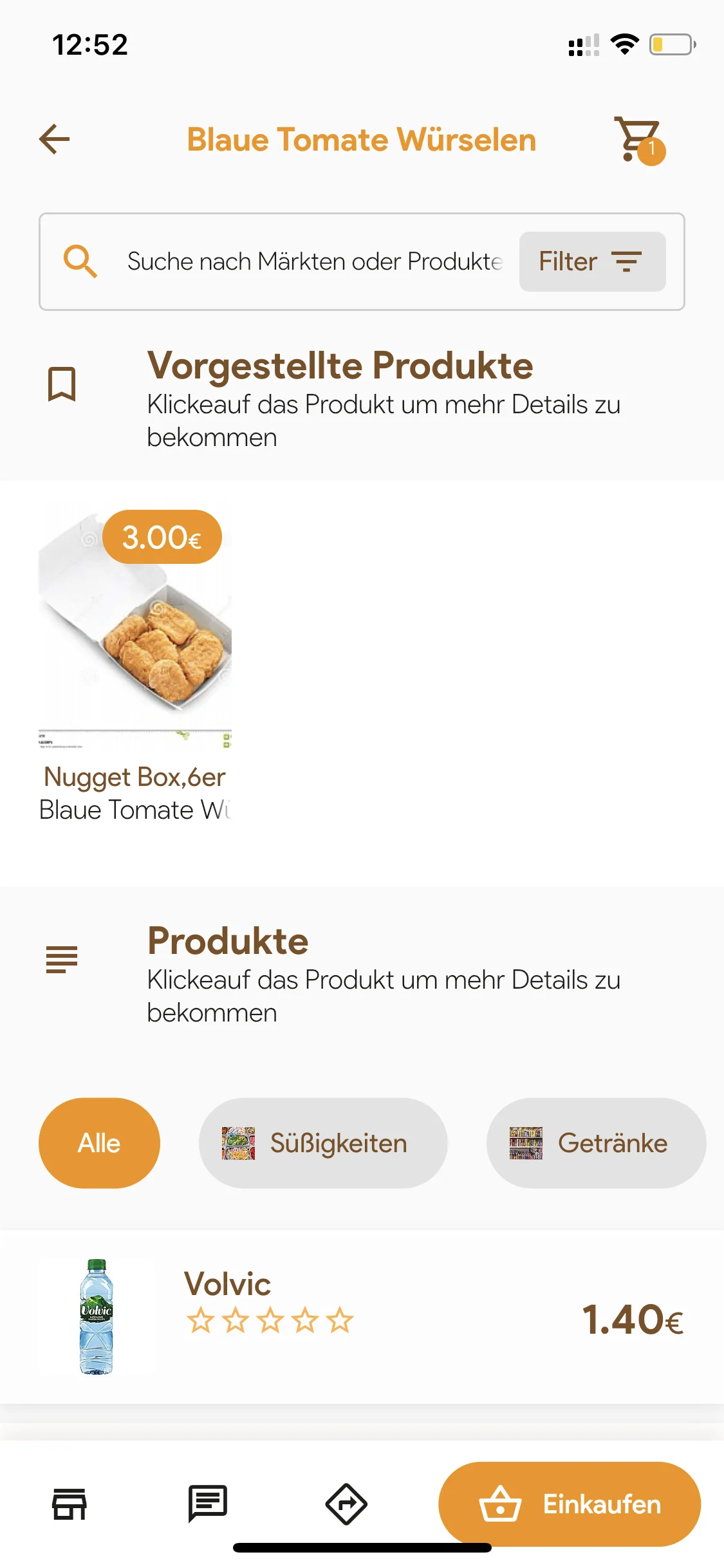 Selección de productos de la primera app web de Snaggit en un navegador móvil.
